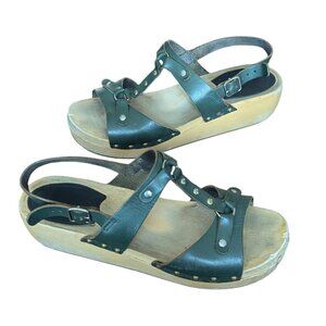 Swedish Hasbeens Wooden Platform Studded‎ Sandal Scandi Girl Strappy Clog Boho